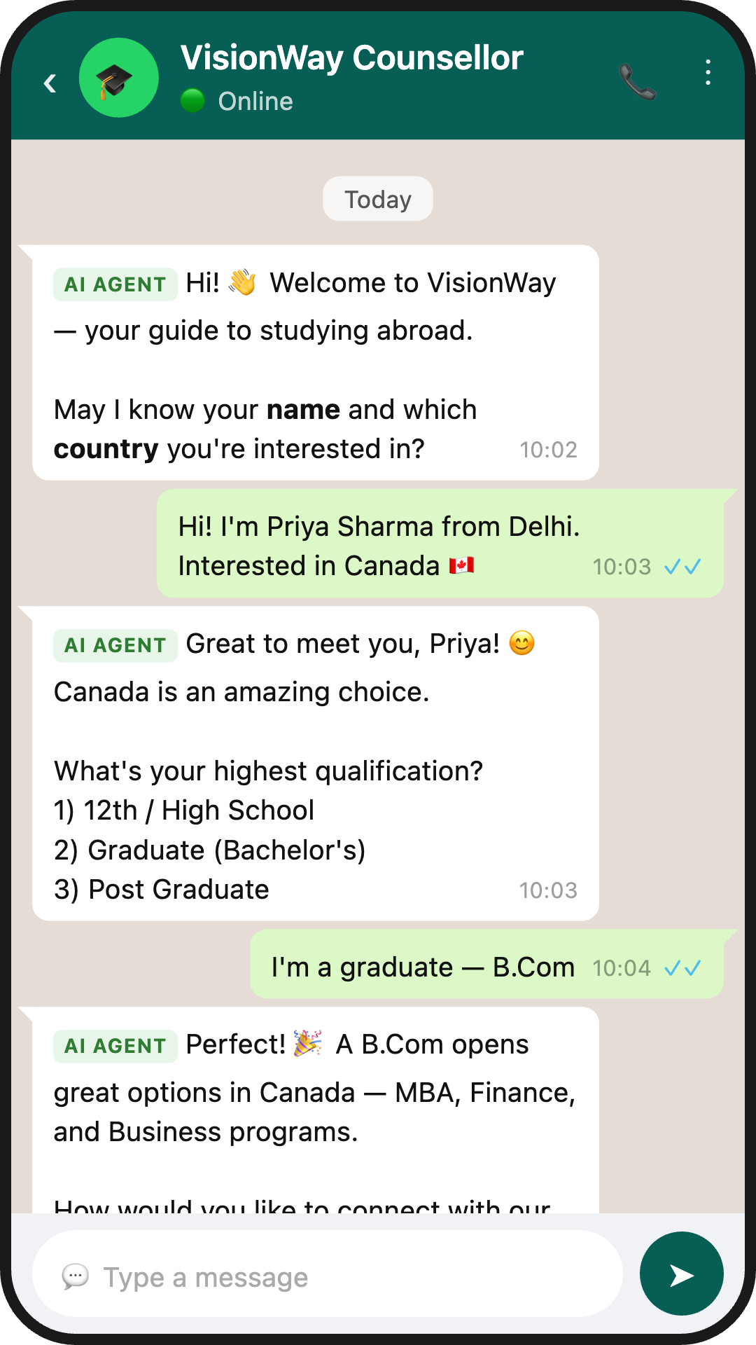 Stage 1 - AI instantly engages student and captures lead details